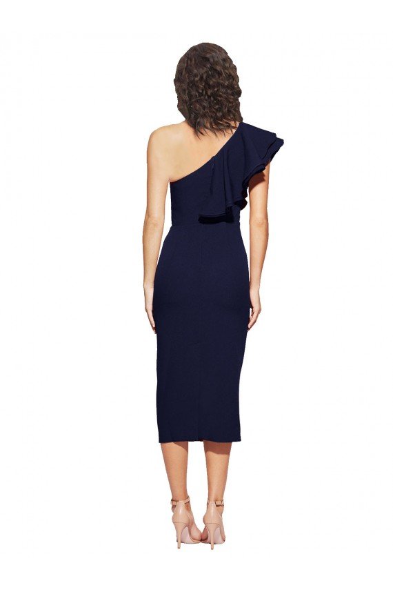 Affordable Ruched Midi Length Short Cocktail Formal Crepe Bridesmaid Dress / Prom Dress with Shoulder Ruffles